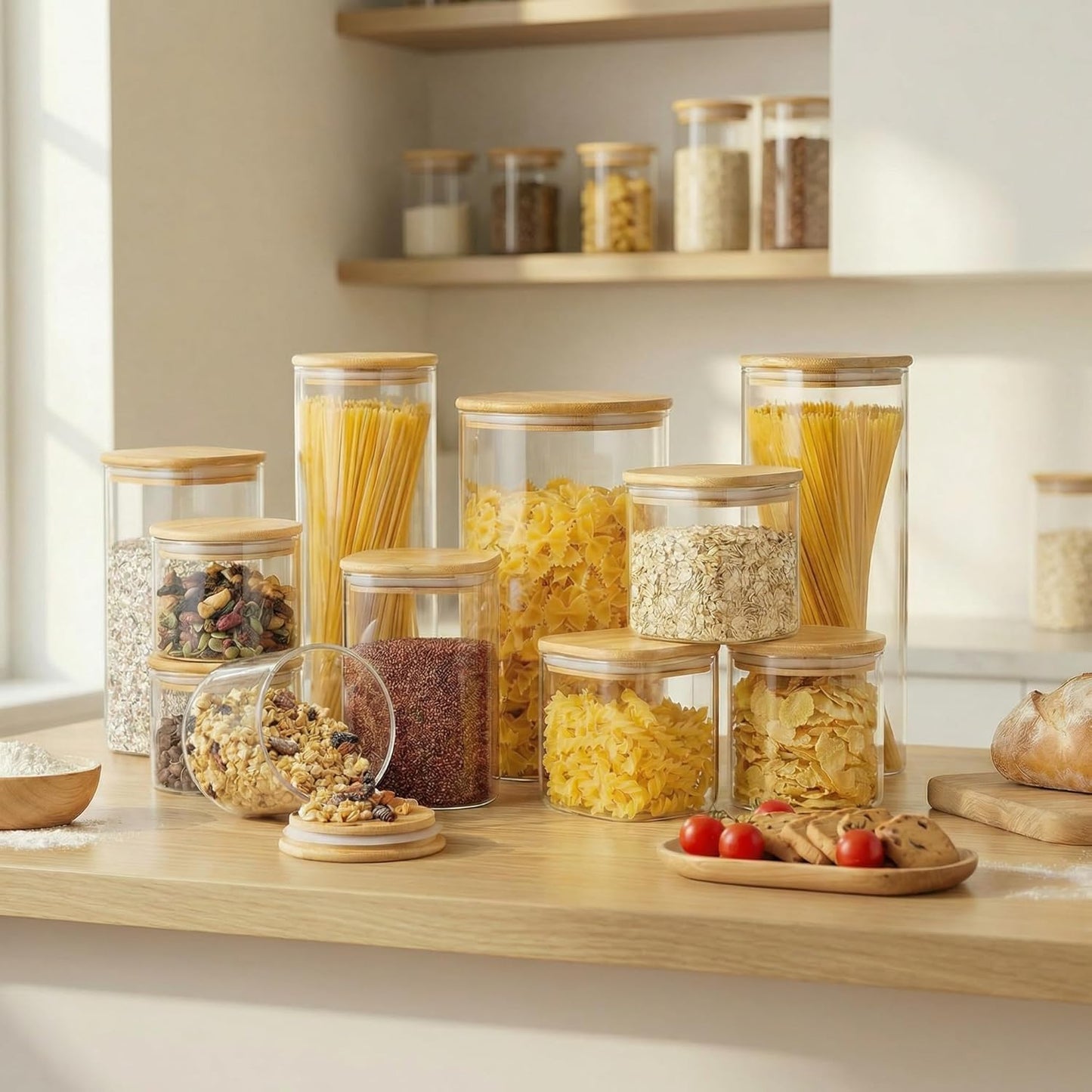 Square Glass Jars with Bamboo Lids 53 FL OZ [Set of 4], Glass Canisters with Airtight Lid
