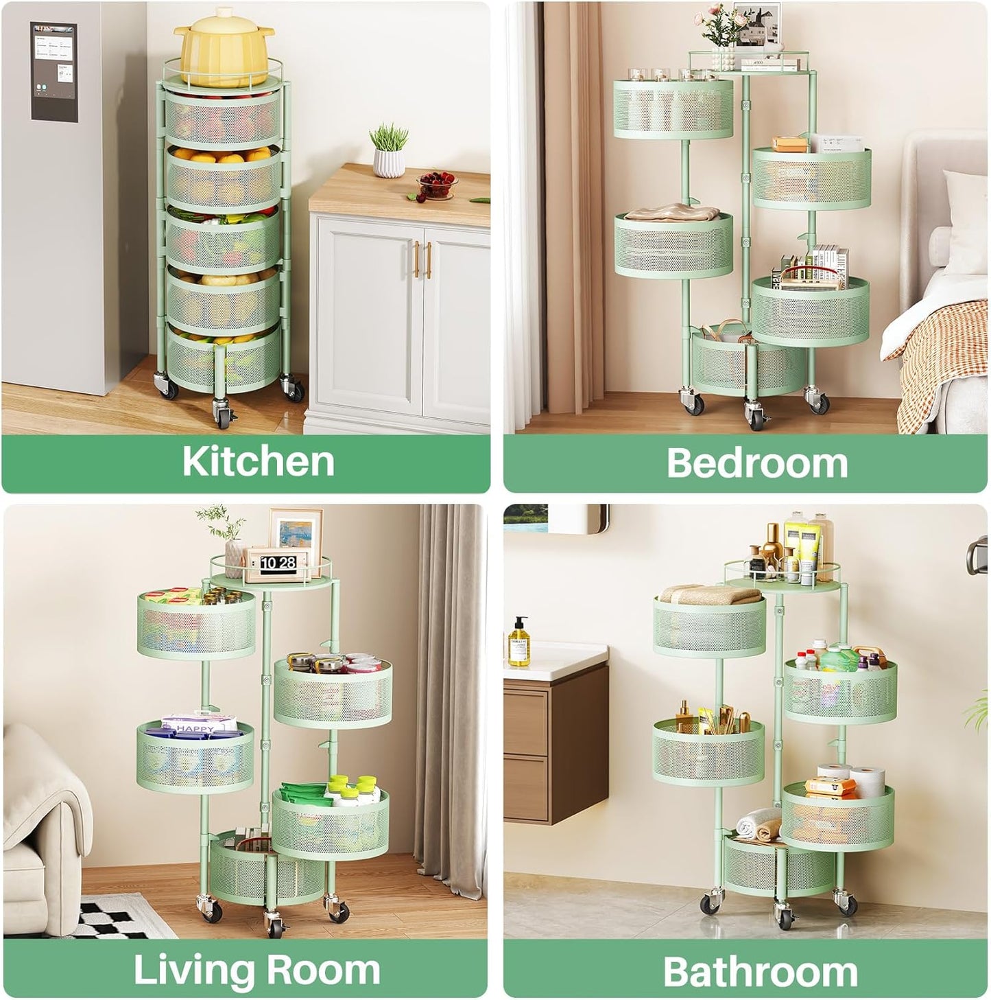 Fruit Vegetable Basket for Kitchen, Rotating Storage Rack, 5 Tier Rolling Cart with top lid