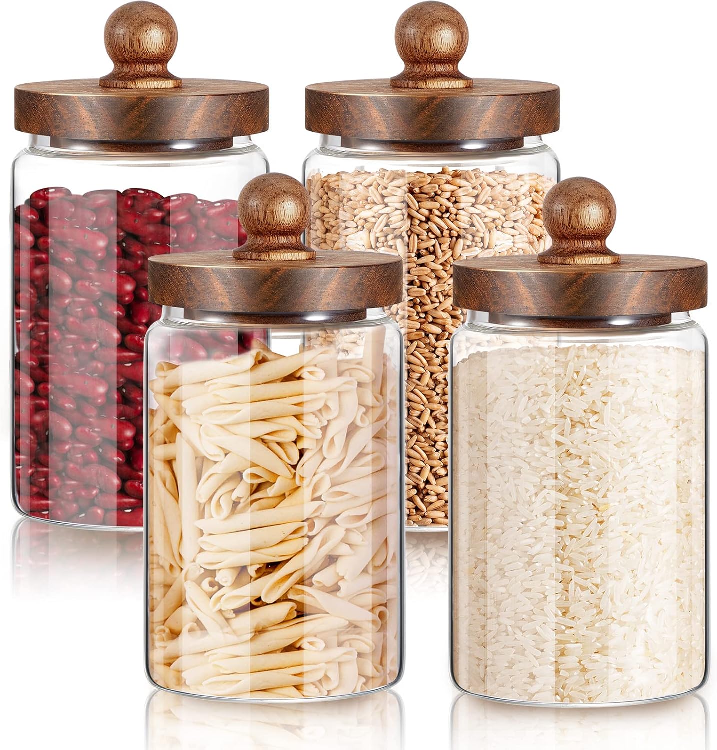 4 Pcs 32 oz Glass Food Storage Jar with Acacia Wood Lids Airtight Sealed Clear Glass Canisters Air Tight Glass Container Jar for Coffee Beans Nuts Loose Leaf Tea Sugar Spice Candy Rice Pasta