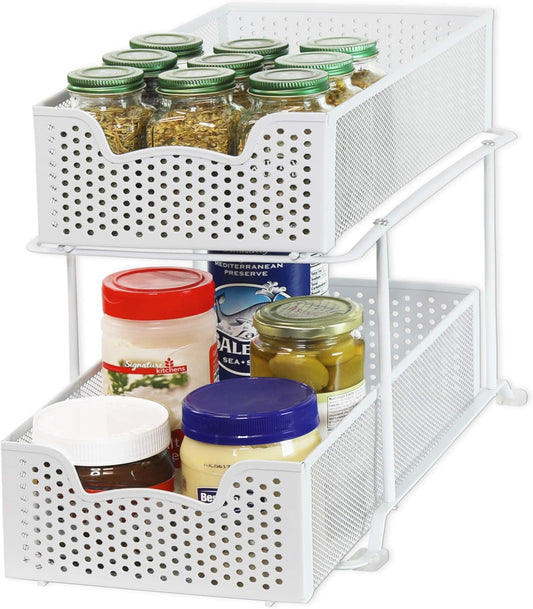 2 Tier Sliding Cabinet Basket Organizer Drawer, White