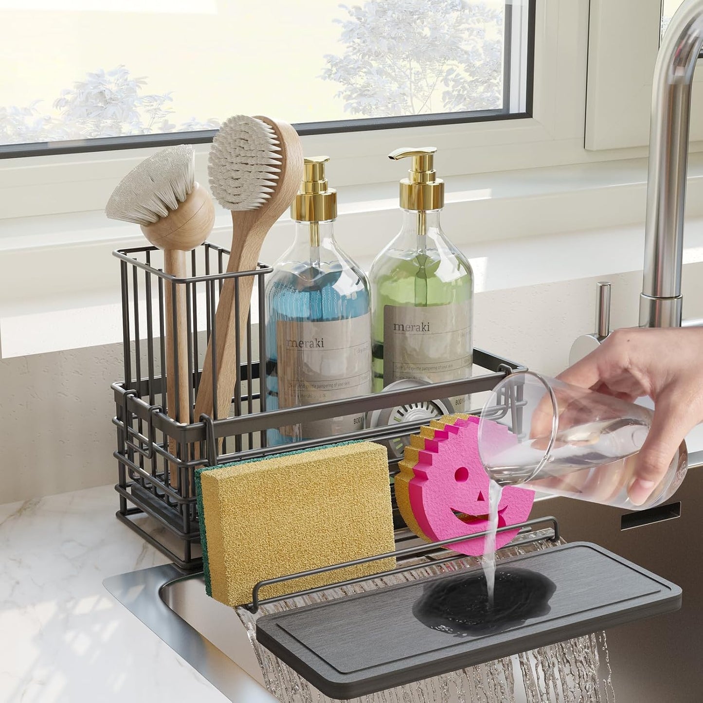 Sponge Holder for Kitchen Sink, Sink Caddy with Instant Drying Mat & Hook