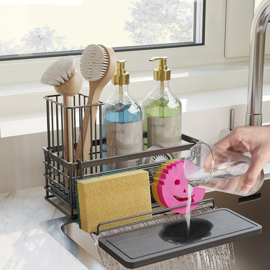 Sponge Holder for Kitchen Sink, Sink Caddy with Instant Drying Mat & Hook