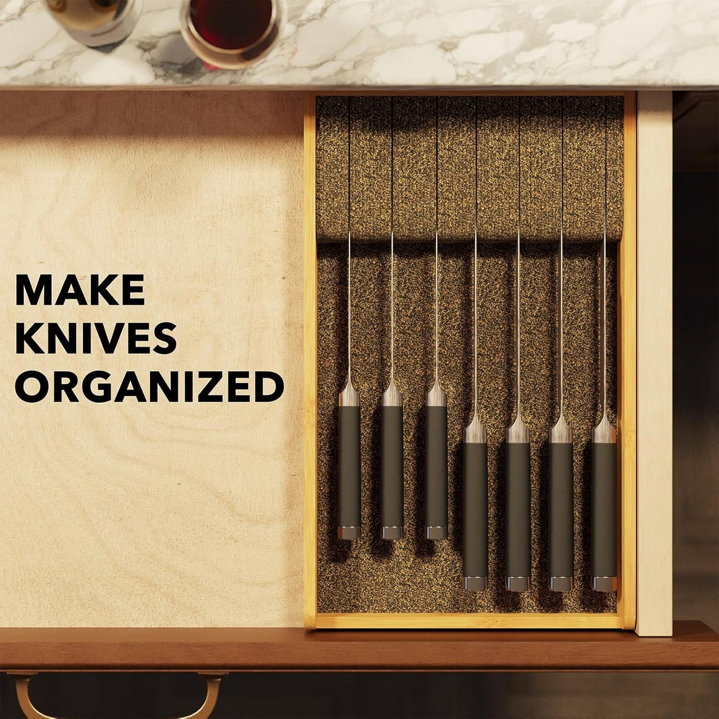 Knife Drawer Organizer 9 inches Wide Bamboo Insert Dock