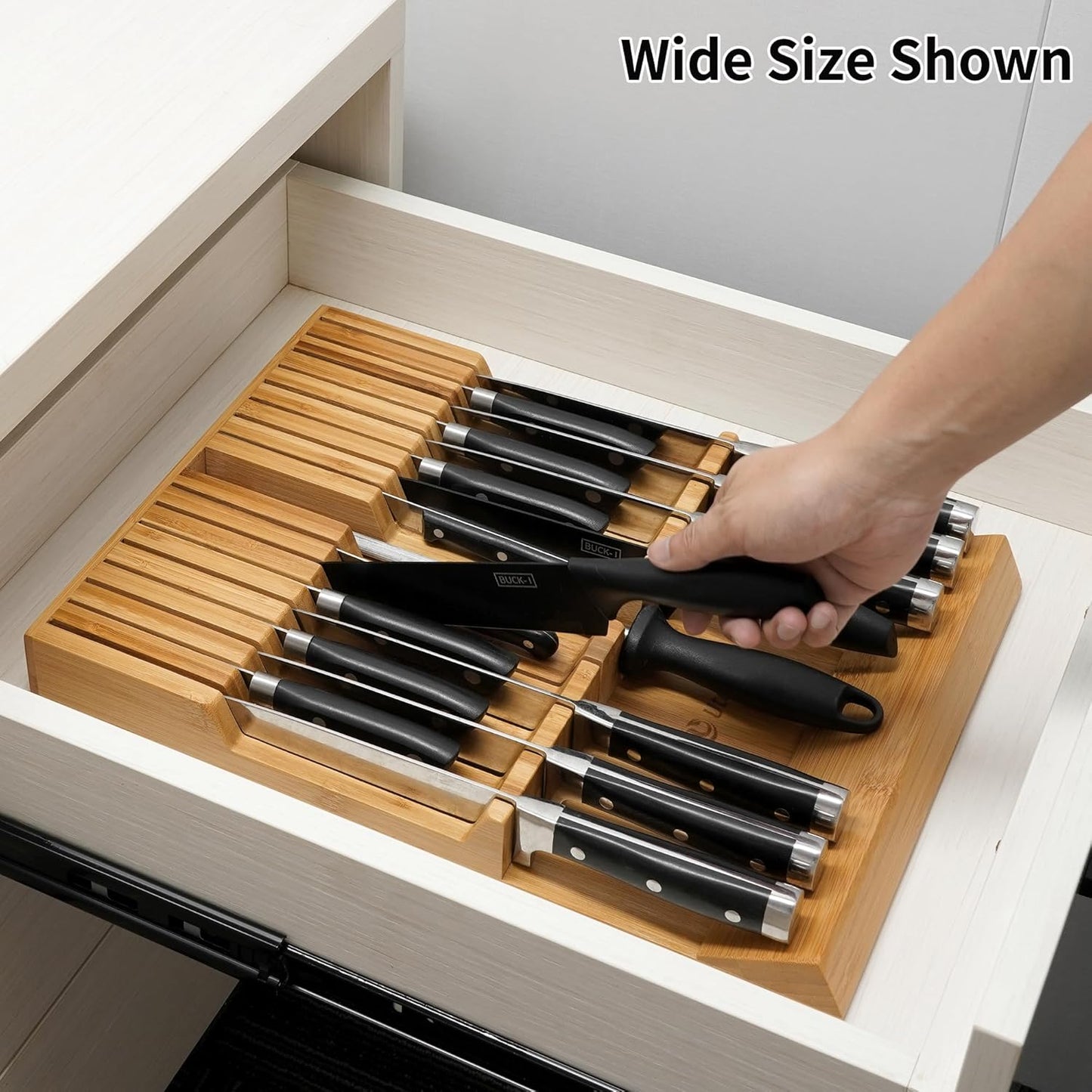 In-drawer Knife Block Bamboo Kitchen Knife Drawer Organizer Large