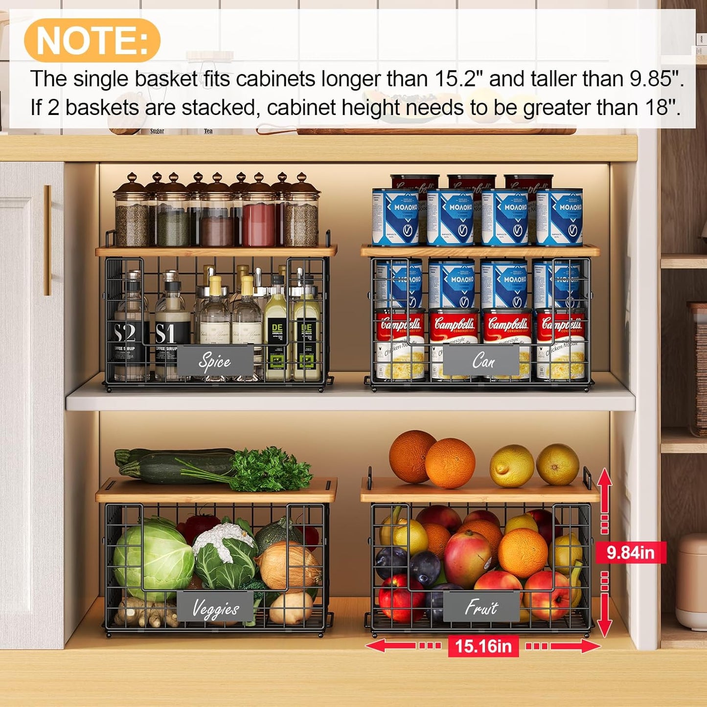 2 Pack Stackable Wire Baskets with Bamboo Top for Pantry Organizers and Storage