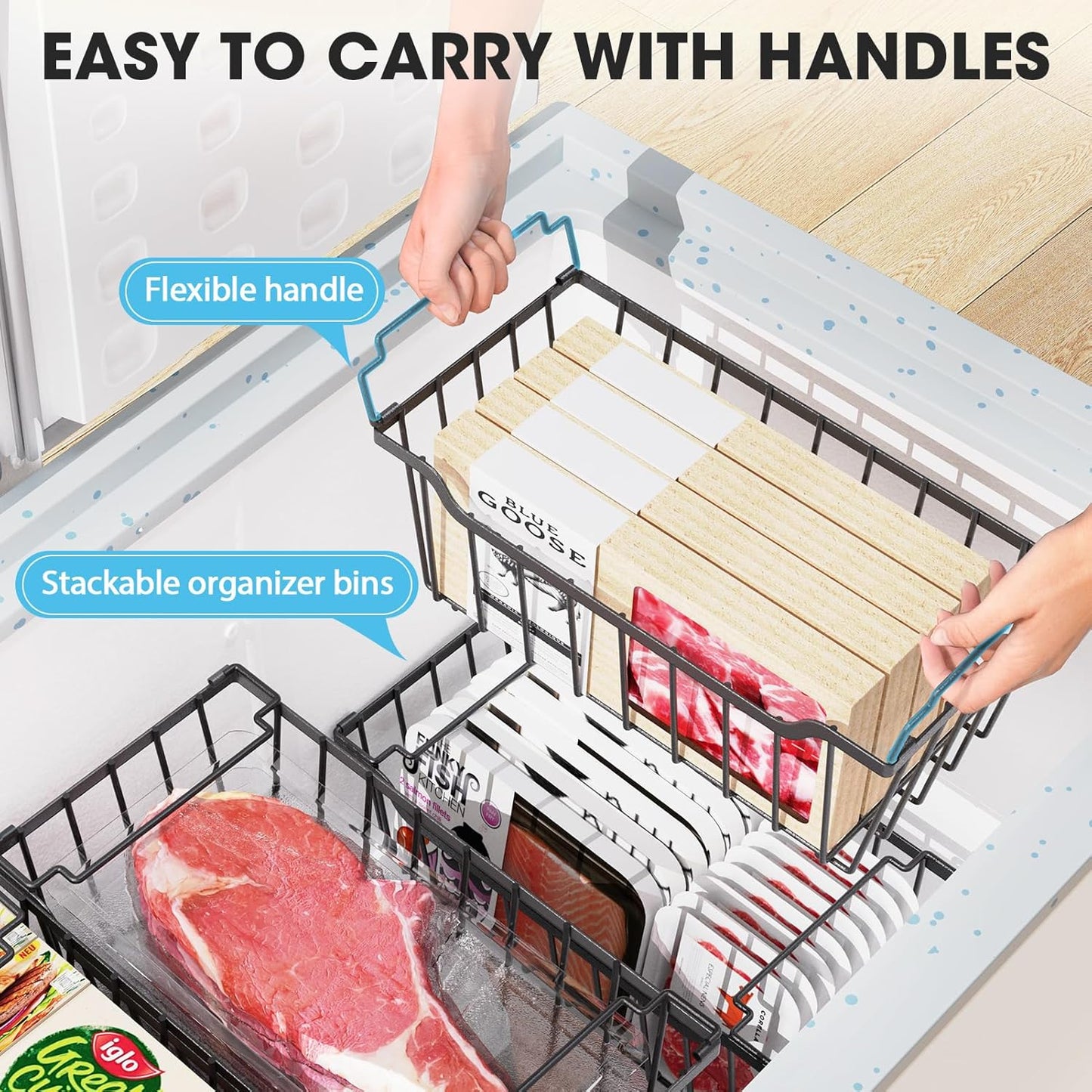 Freezer Organizer Bins, 4 Pack Stackable Chest Freezer Organizer for 5-7 Cu.FT Deep Freezer Sort Frozen Meats and Food, Freezer Storage Baskets with Handles Easy Reach from Bottom, Black