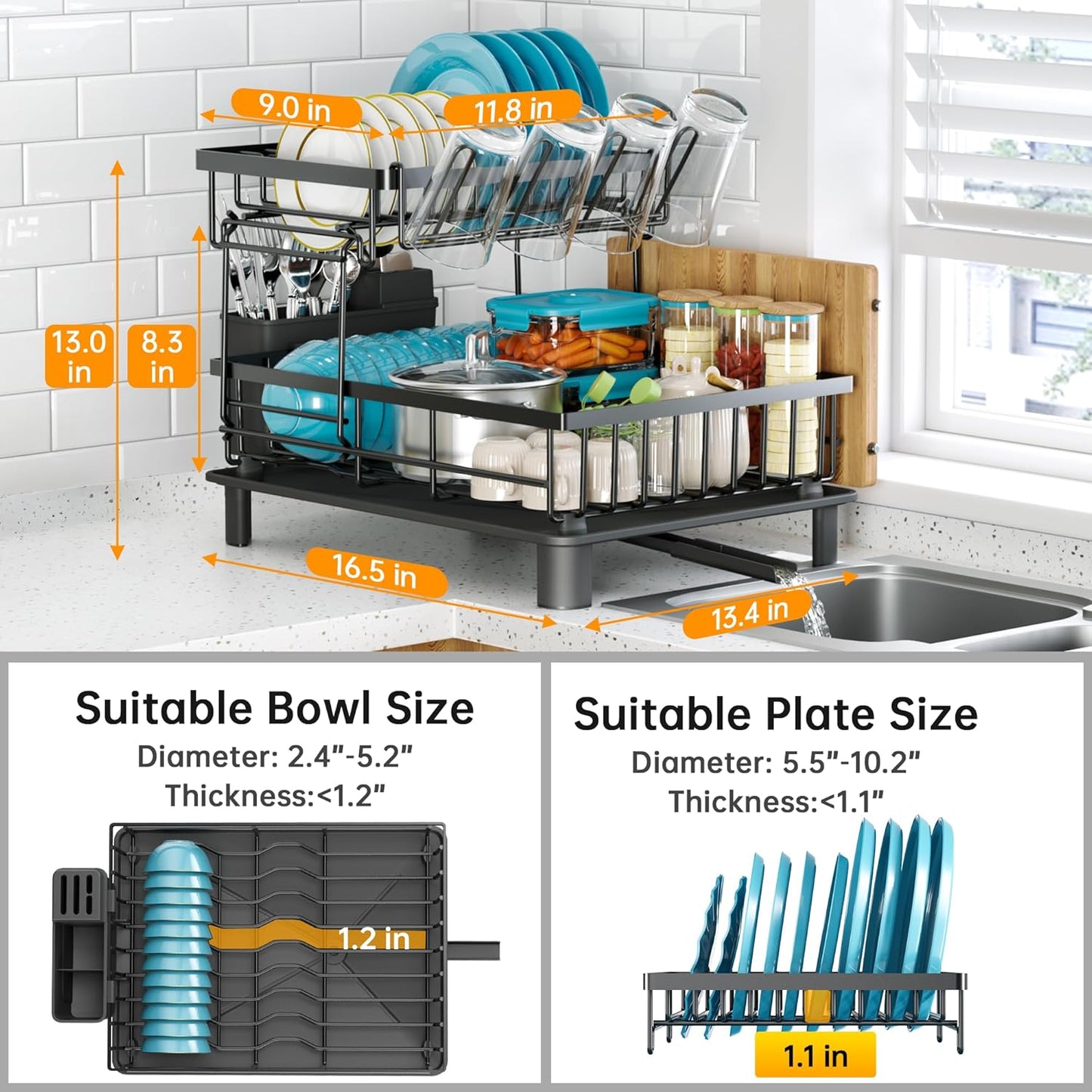 Dish Drying Rack, 2 Tier Dish Racks for Kitchen Counter, Compact Drying Rack Kitchen