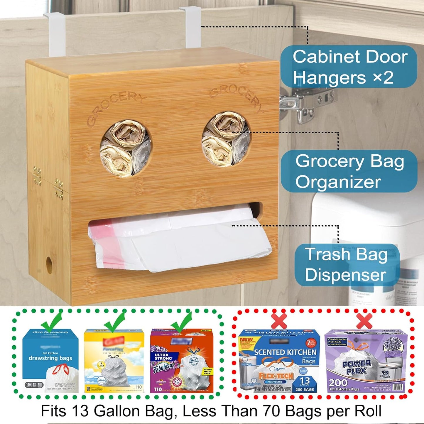 2-in-1 Trash Bag Dispenser & Grocery Bag Holder with Hanger for Standard Trash Bag Rolls