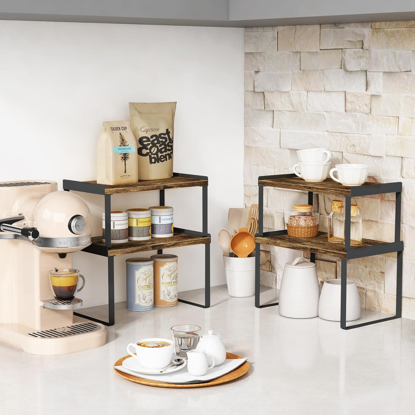 Kitchen Cabinet Organizers and Storage Shelves, Rustic Farmhouse Desk Shelf Riser for Cabinets
