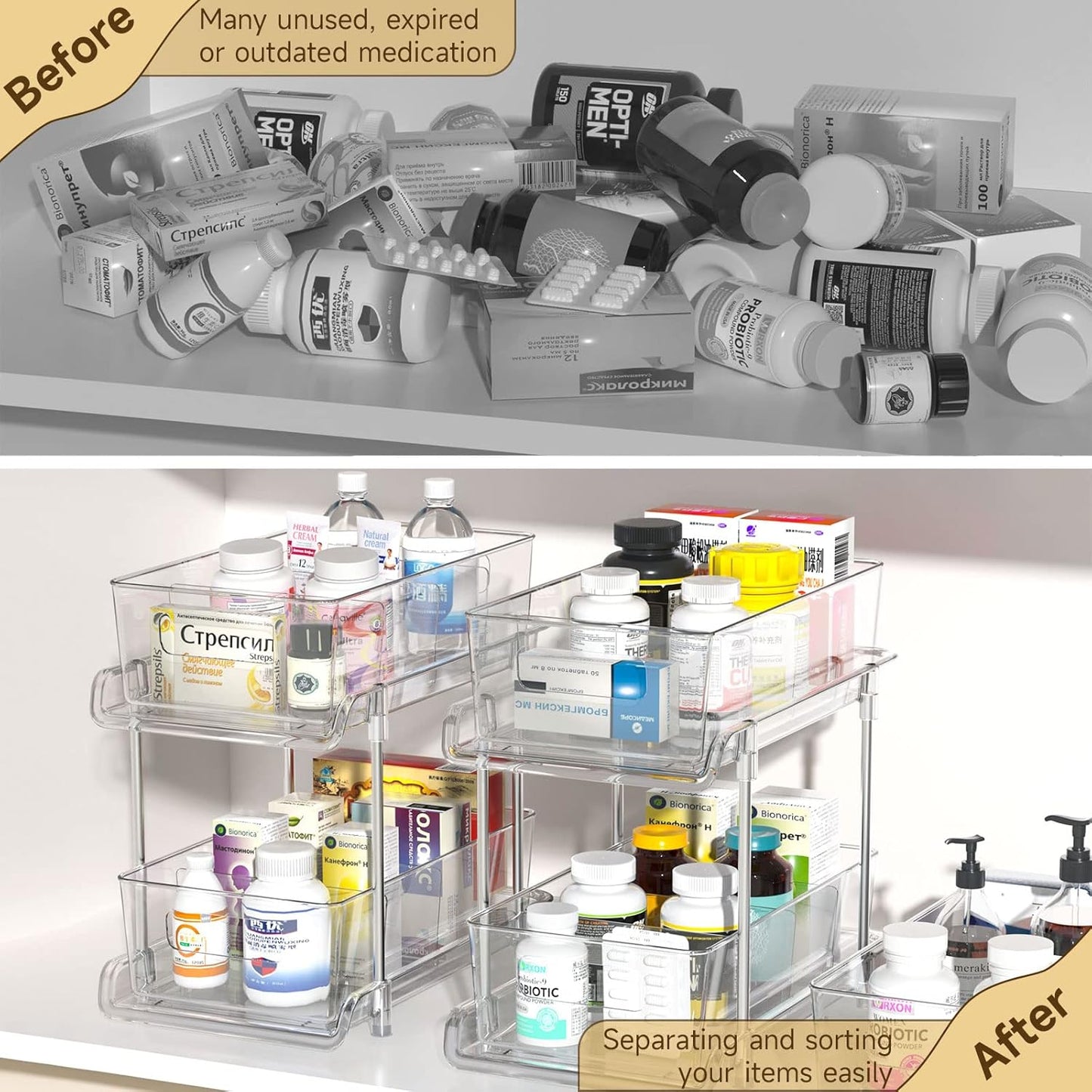 2 Tier Bathroom Storage With Dividers, Clear Under Sink Pull Out Organizer for Kitchen Pantry