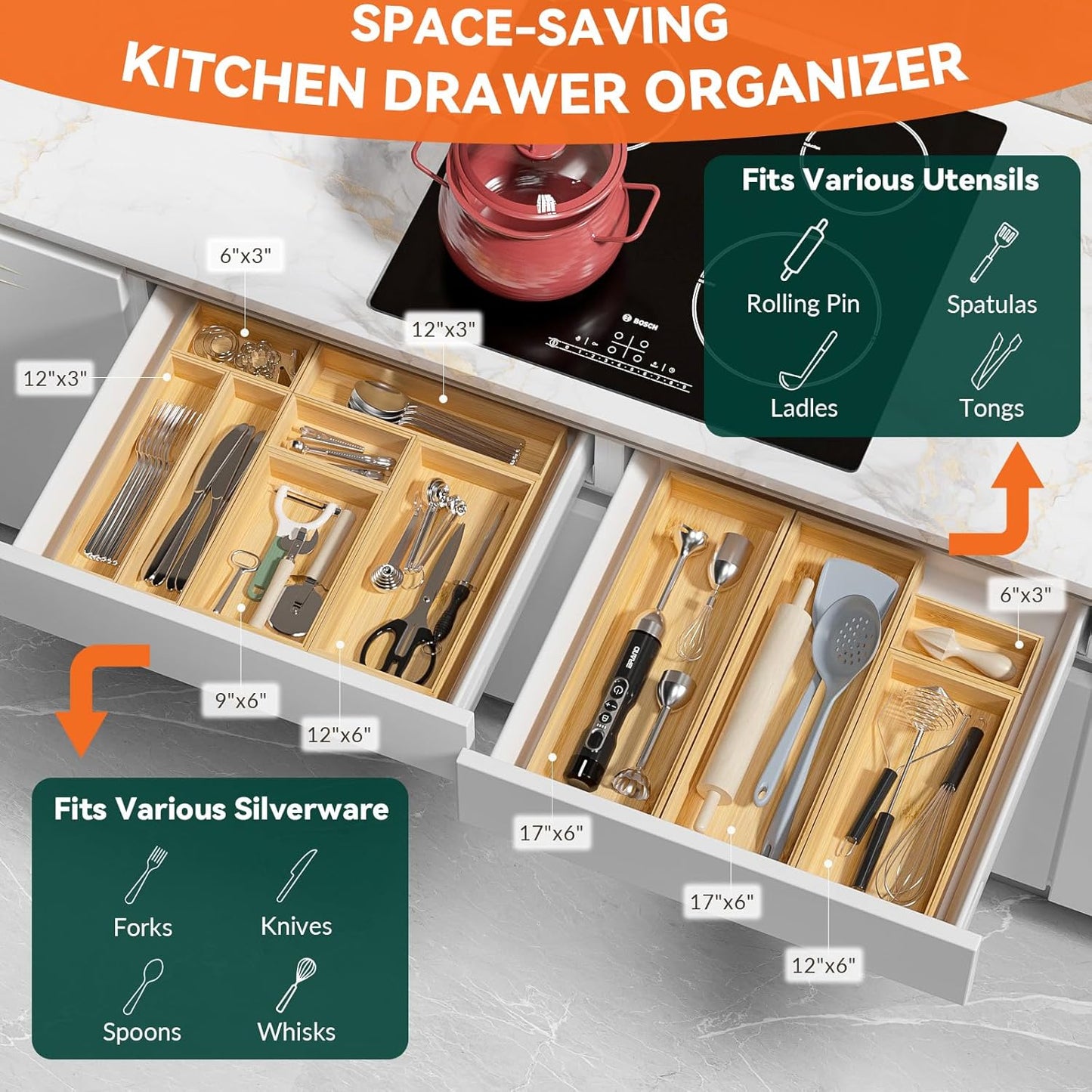 Bamboo Drawer Organizer – Set of 2 Stackable Storage Boxes