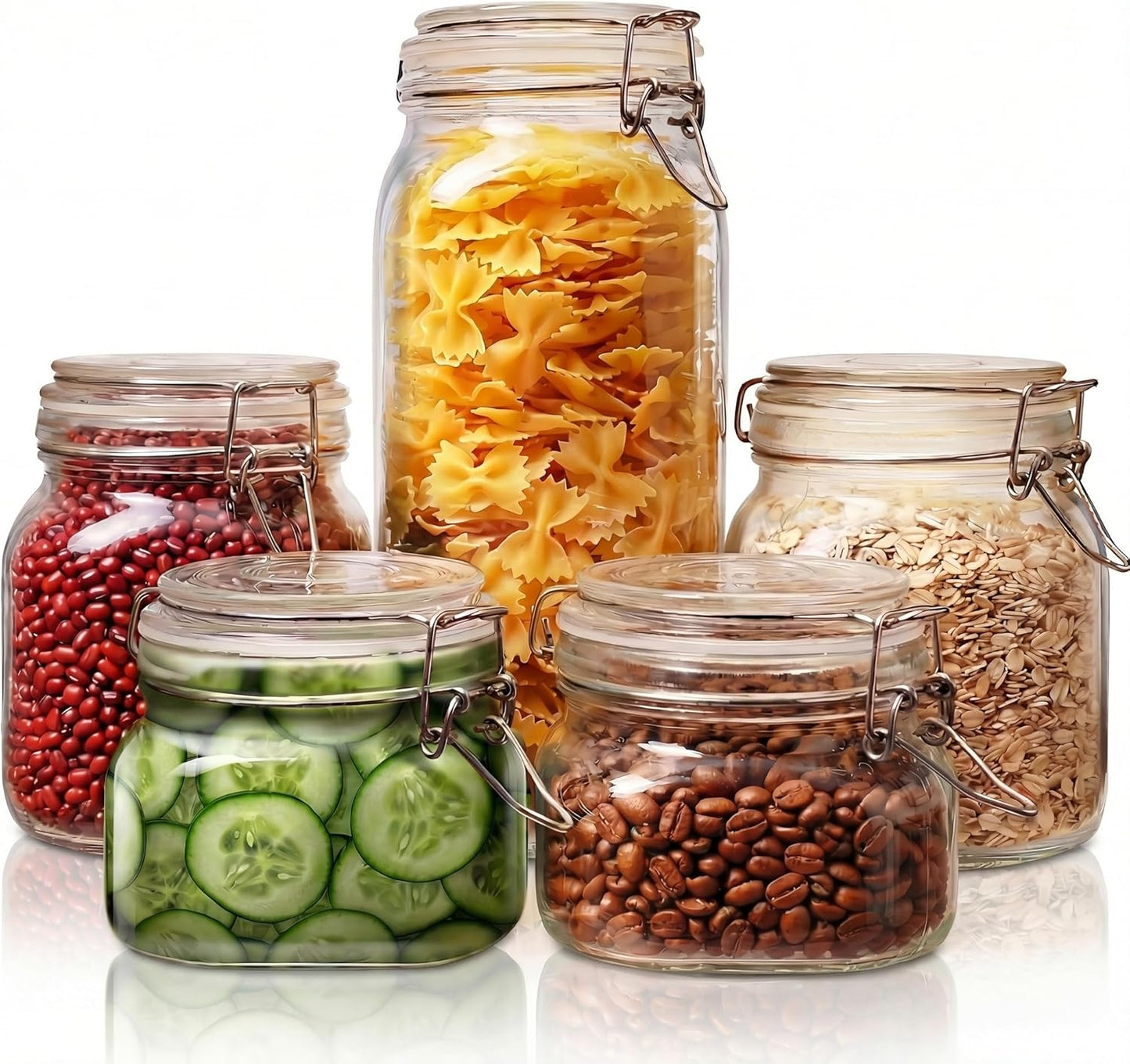 Multi Size - 5 Pack Square Glass Jars with Airtight Lid, Wide Mouth Mason Jars with Clamp Lids