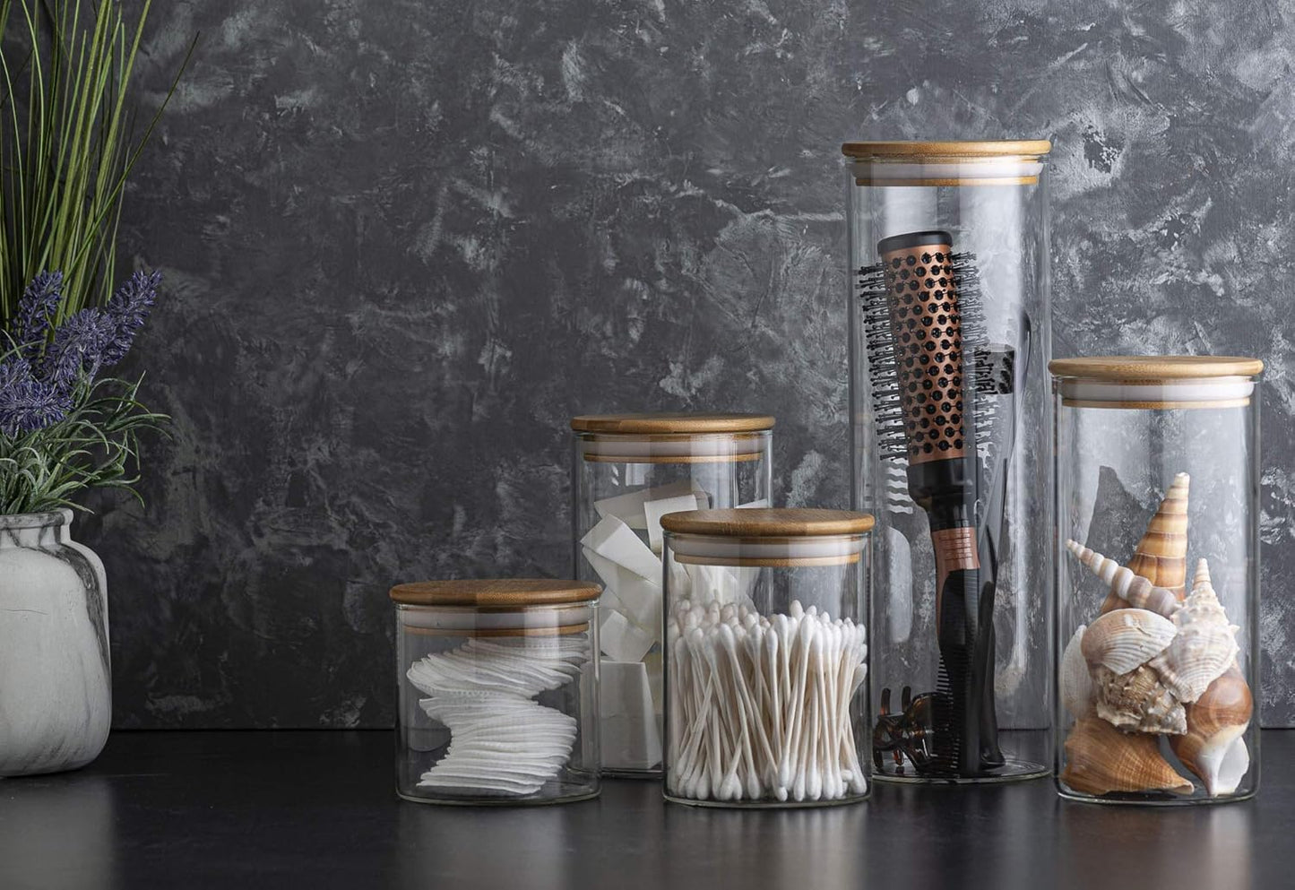 Set of 5 Glass Kitchen Canisters with Airtight Bamboo Lid