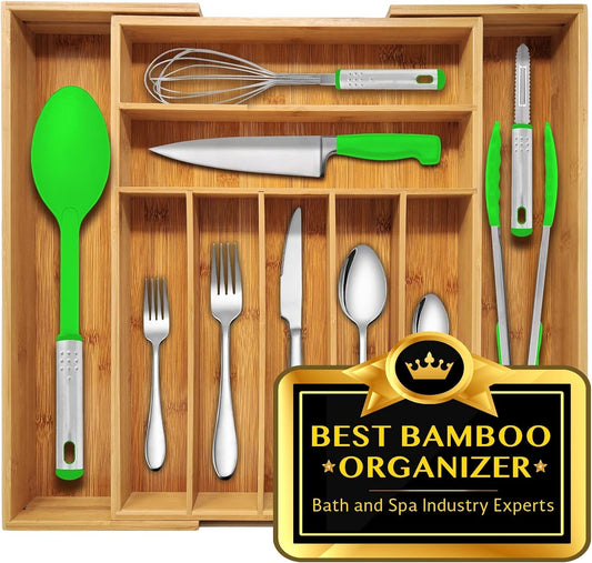 Bamboo Kitchen Drawer Organizer, Expandable Wood Utensil Tray
