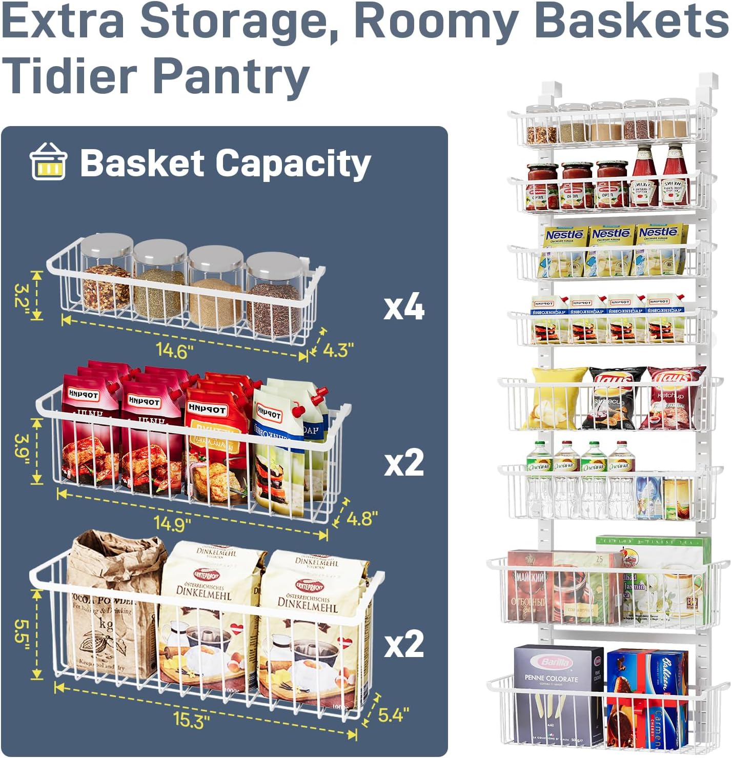 Over The Door Pantry Organizer, 8-Tier Over The Door Organizer with Adjustable Baskets
