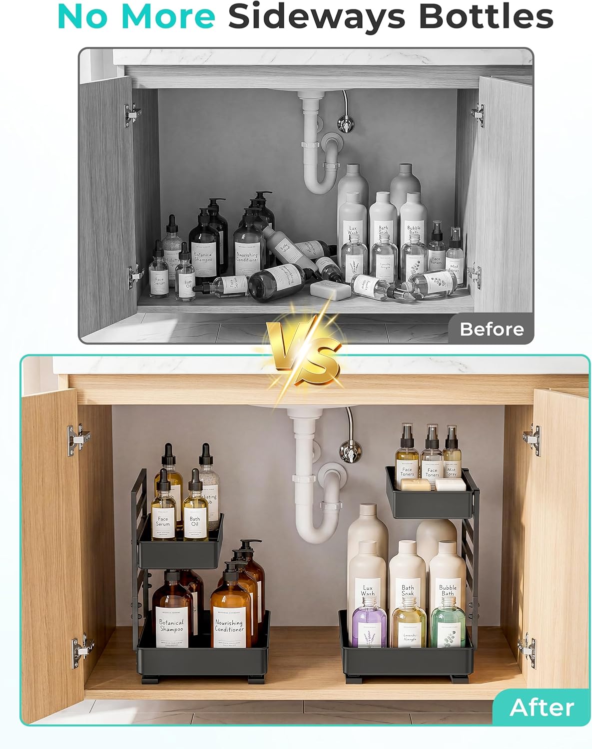 Height Adjustable 2 Tier Metal Pull Out Slide Shelf Organizer for Under Sink Cabinets in Kitchen
