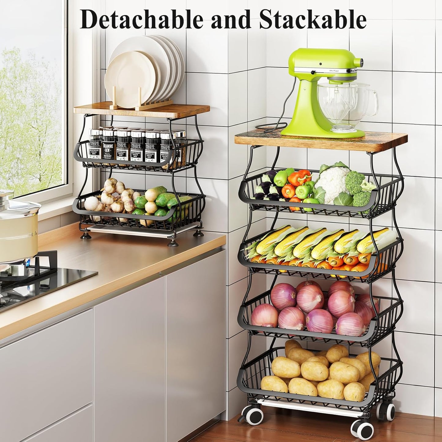 Fruit Basket Kitchen Pantry Organizers and Storage - Wooden Top Table