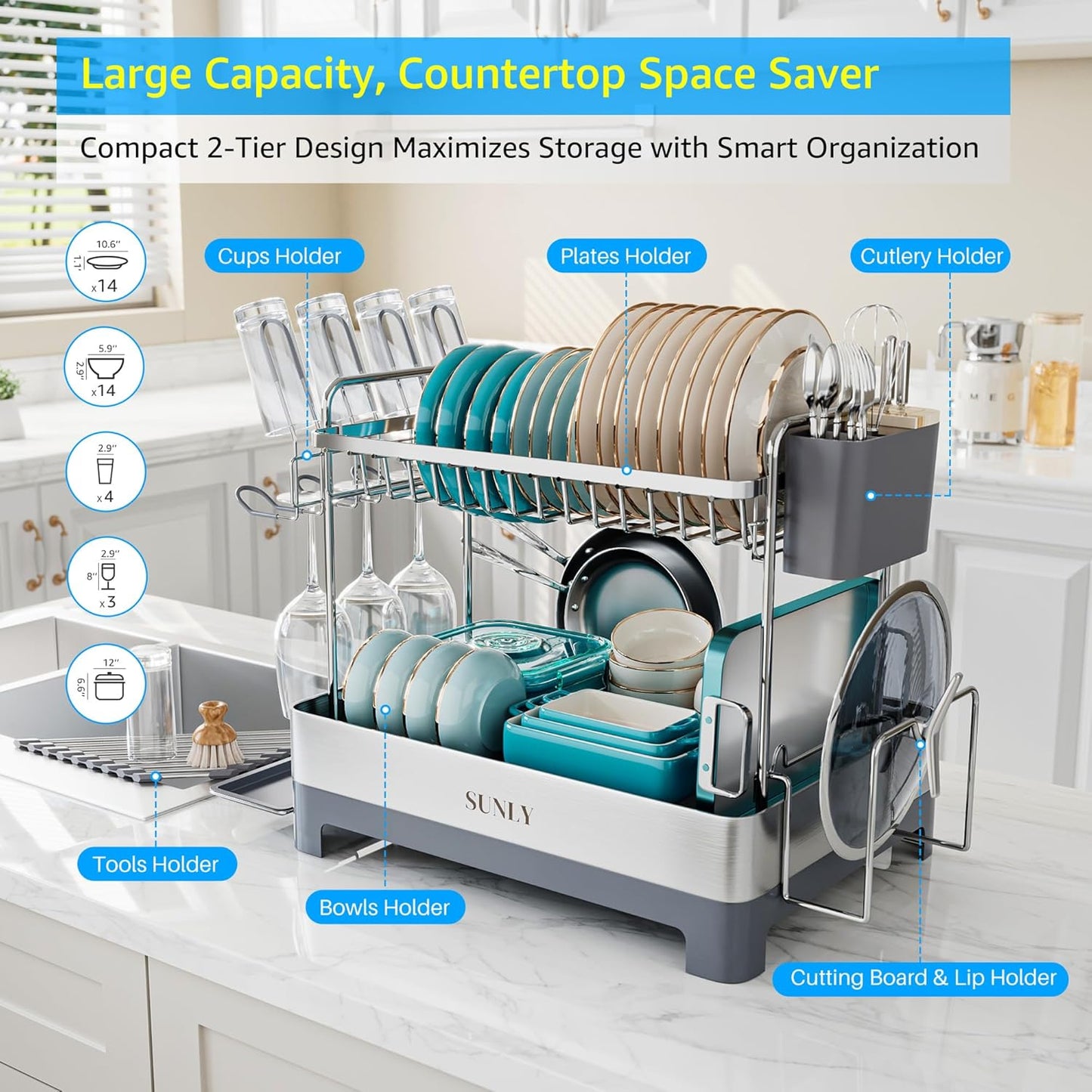 Large Dish Drying Rack, Multipurpose 2 Tier Dish Racks for Kitchen Counter, 304 Stainless
