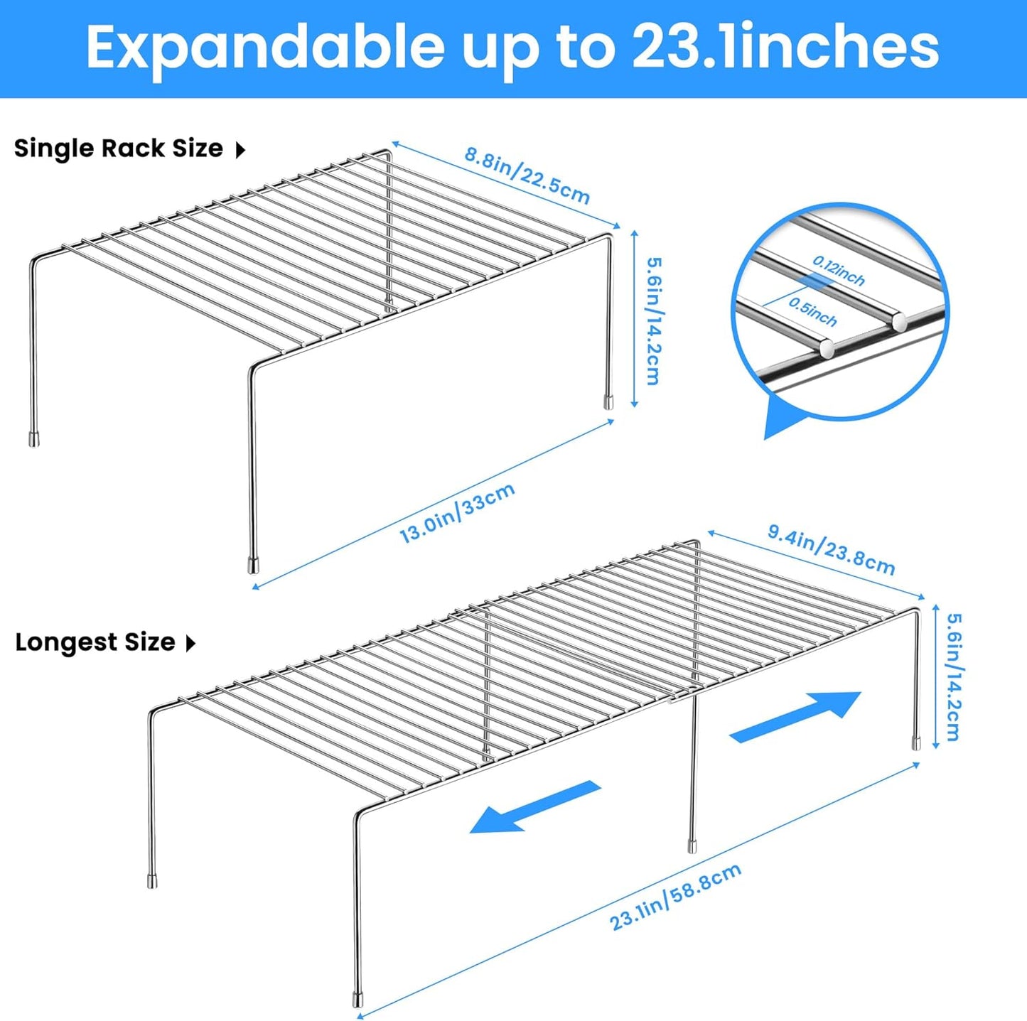 Space-Saving Stainless Steel Storage Rack, 12.8-22.8 in, Silver, Easy to Install, Versatile Design