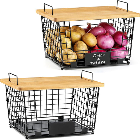 2 Set XXL Stackable Wire Basket with Bamboo Tops & Tag- Pantry Organizer and Storage Bins