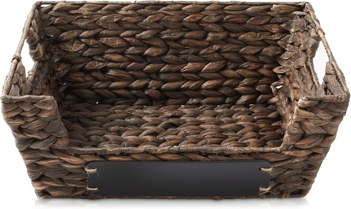 Set of 2 Water Hyacinth Pantry Baskets with Handles, Chalkboard Labels, and Marker - Espresso