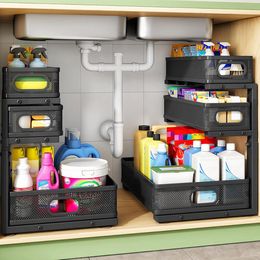 Under Sink Organizer, 2-Pack 3-Tier Height Adjustable Thickened Metal Pull out Cabinet Organizer Shelf, Slide out Storage Drawer Rack for Bathroom Kitchen Pantry Home Laundry Organization
