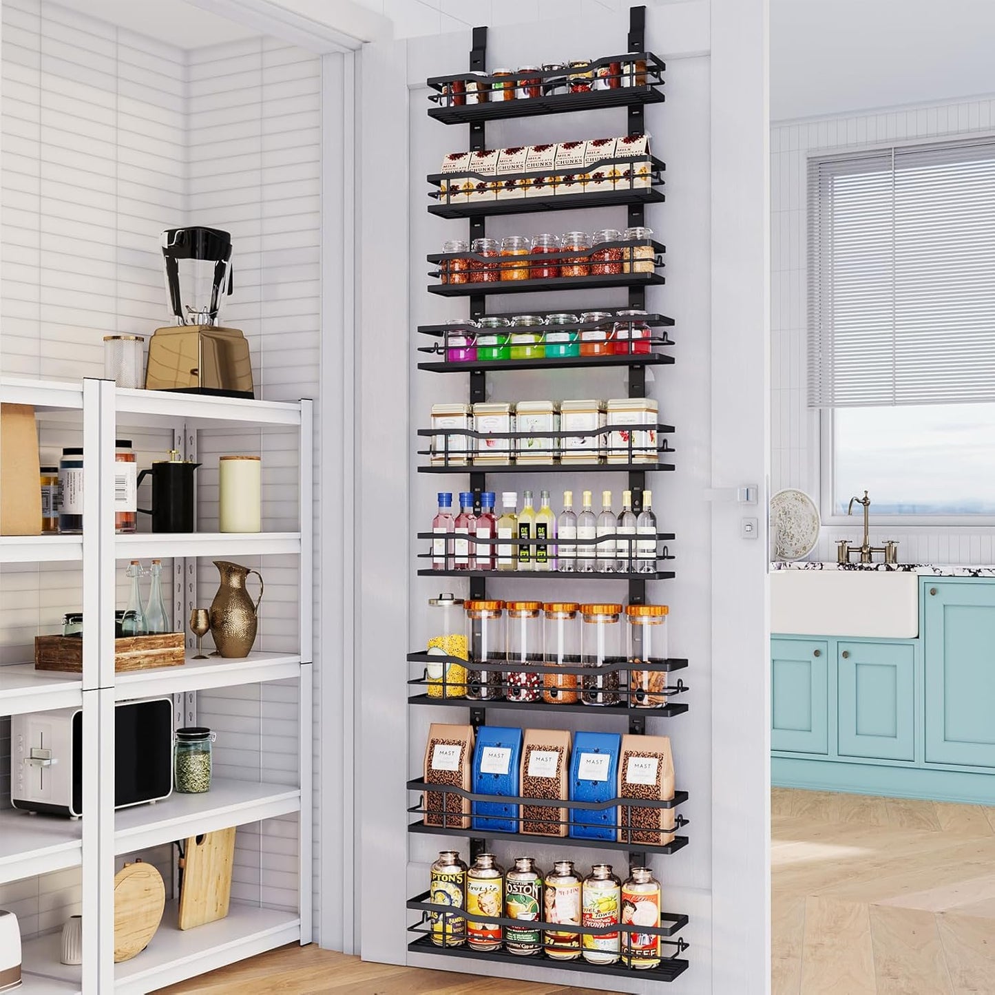 Over The Door Pantry Organizer，9-Tier Over The Door Organizer with Adjustable Basket，Metal Hanging Pantry Organizers and Storage for Kitchen, Back of Door Seasoning Rack (Black)