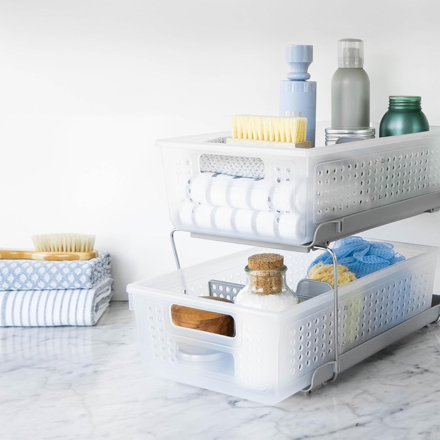 2 Tier Bath Organizer, Undersink Storage with Sliding Drawers, for Cleaning Supplies, Pantry