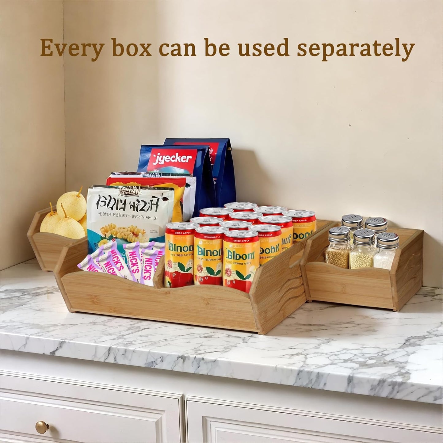 3 Pieces Bamboo Pantry Storage Bins, Stackable Pantry Baskets with Handle