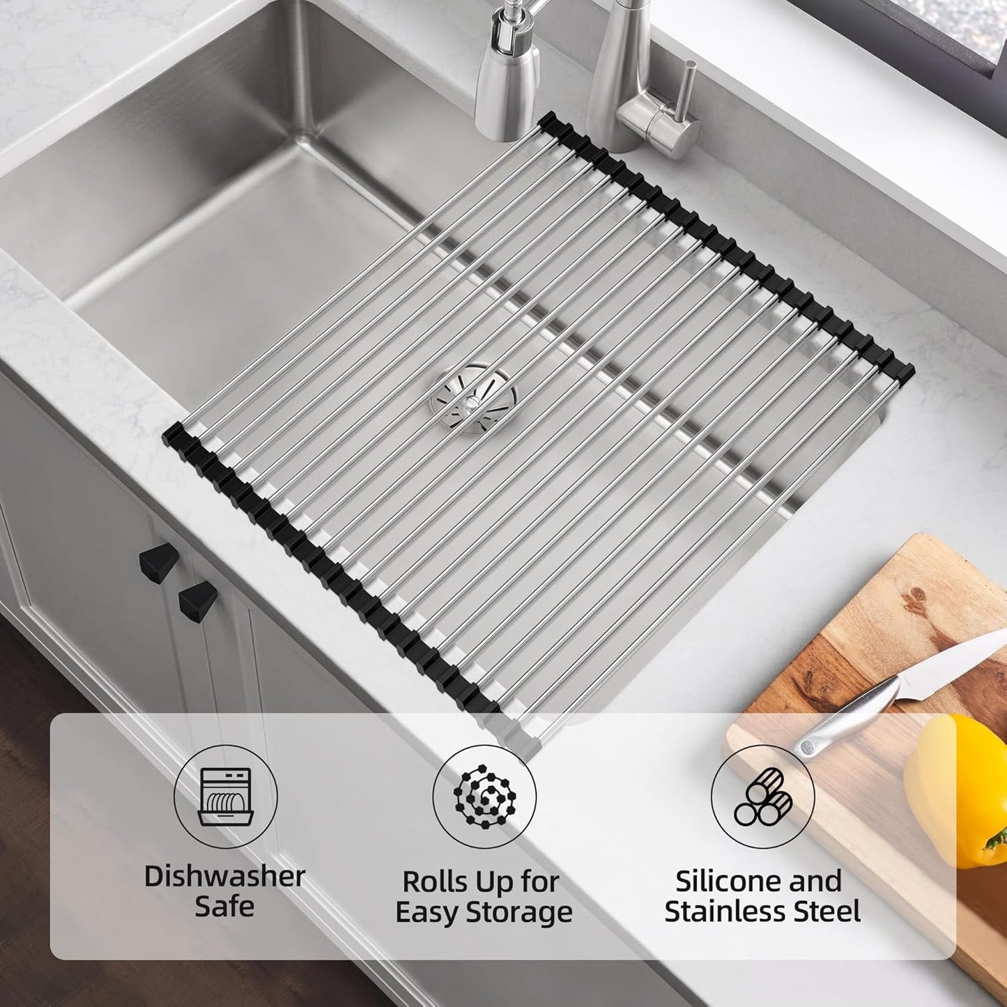 Dish Drying Rack with Roll Up and Over Sink for Kitchen,17.5"x11.8",Black