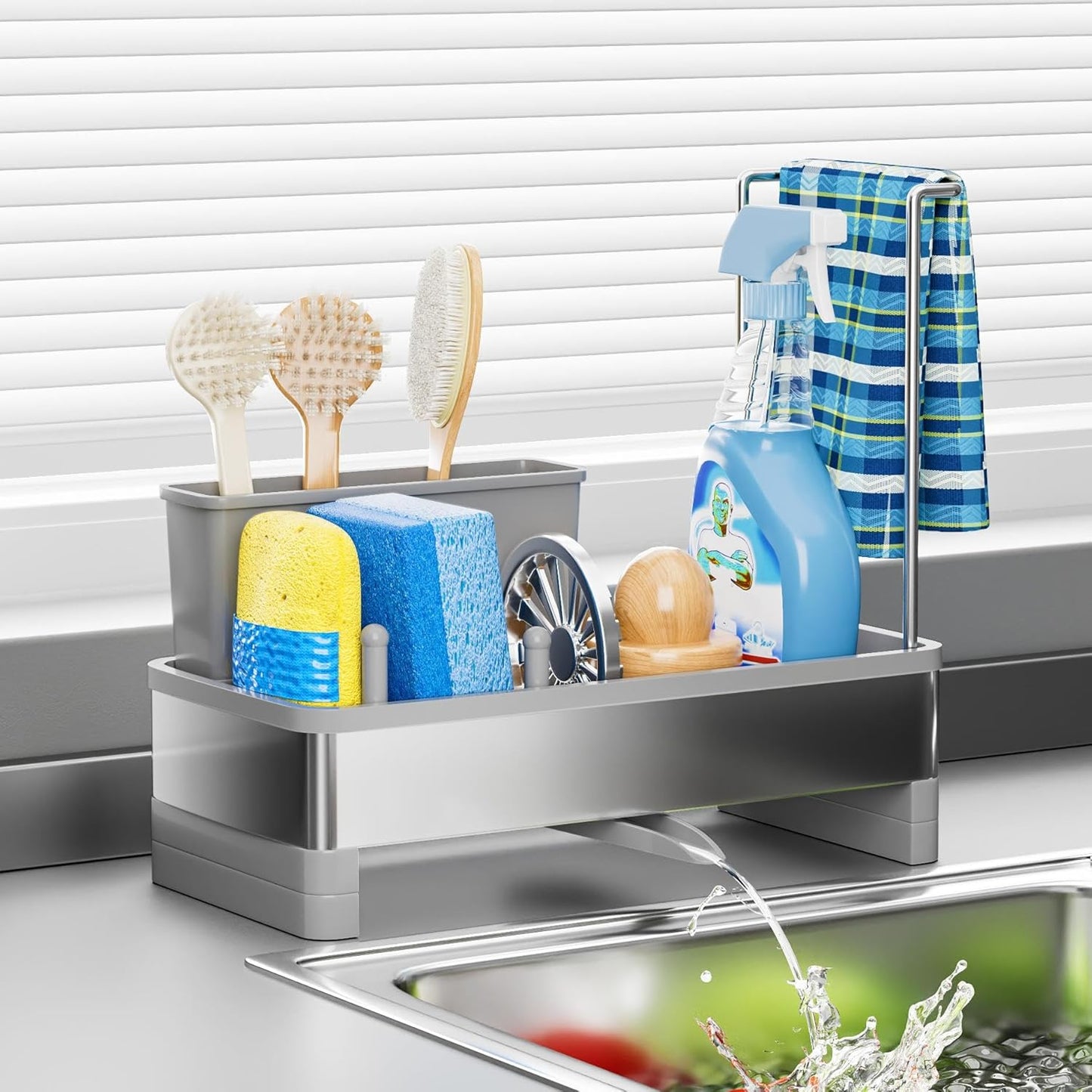 Stainless Steel Sink Caddy, Sponge Holder for Kitchen Sink with Brush Holder Dishcloth Rack