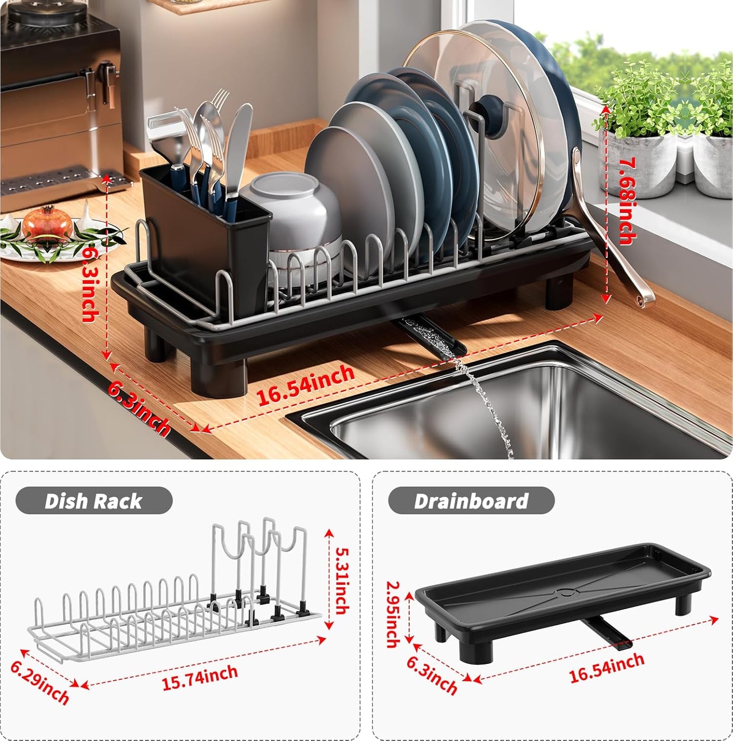 Small Dish Drying Rack with Removable Utensil Holder & Anti-Scratch Base