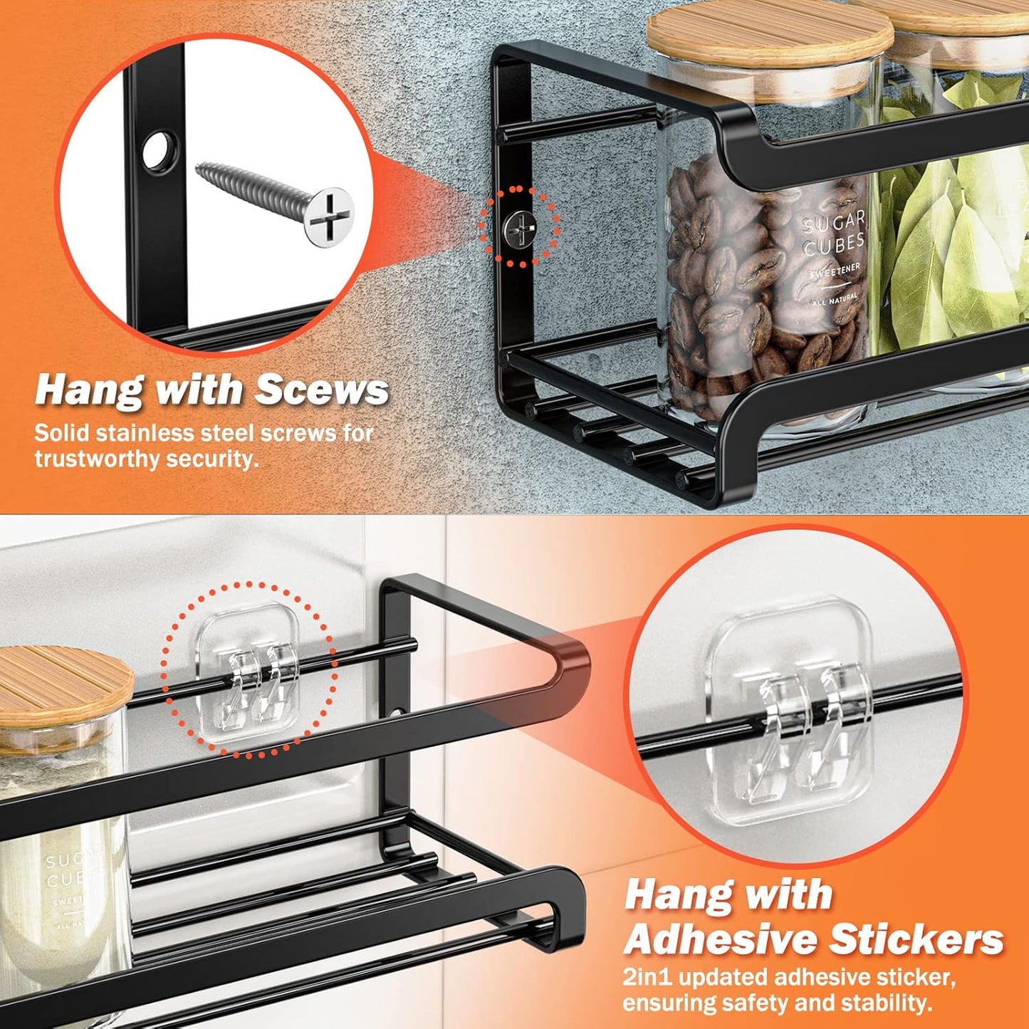 Spice Rack Wall Mounted 4 Pack,Space-Saving Spice Organizer for Spice Jars and Seasonings,Screw or Adhesive Hanging Spice Rack Organizer for Your Kitchen Cabinet,Pantry Door