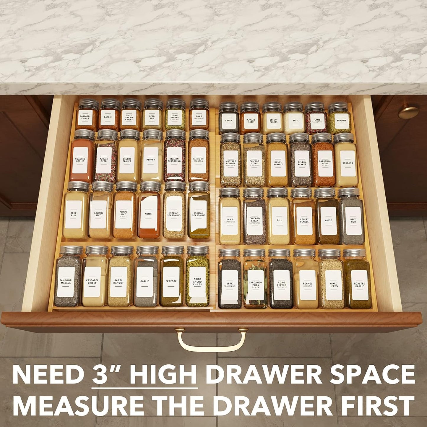 Bamboo Spice Drawer Organizer, (Need 3" Deep Drawer) Expandable 4 Tier Spices Rack for Cabinet