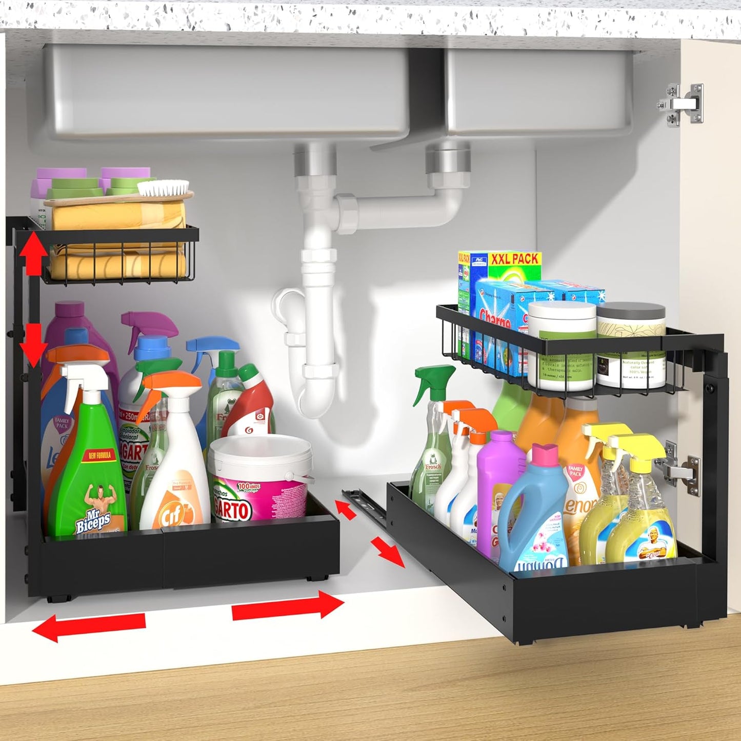 2-Pack Expandable Under Sink Organizers and Storage, 2-Tier Adjustable Pull-Out Cabinet Organizers