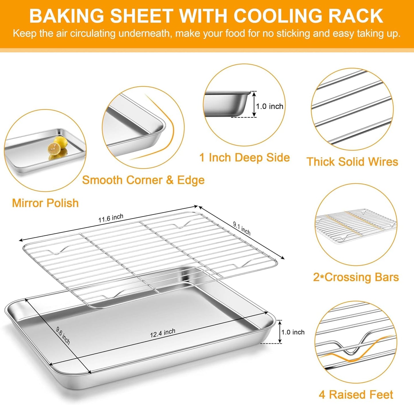 Quarter Sheet with Rack (1 Pan + 1 Rack), 9x13 Stainless Steel Baking Pan with Wire Cooling Rack for Toaster Oven Roasting, Metal Bacon Cookie Trays Nonstick & Rust Free, Dishwasher Safe