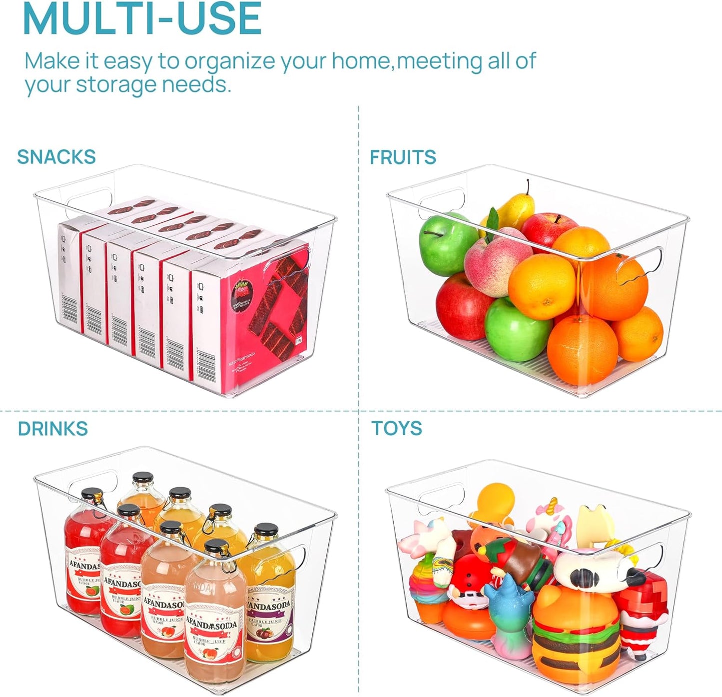 6 PCS Clear Plastic Storage Bins, Pantry Organizer Containers with Handle for Refrigerator, Fridge