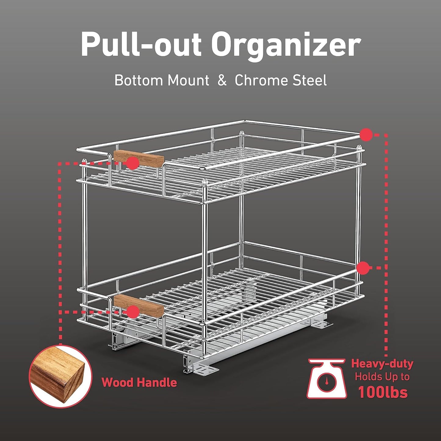 Pull Out Cabinet Organizer(14" W x 21" D), 2 Tier Slide Out Shelves with Wood Handle