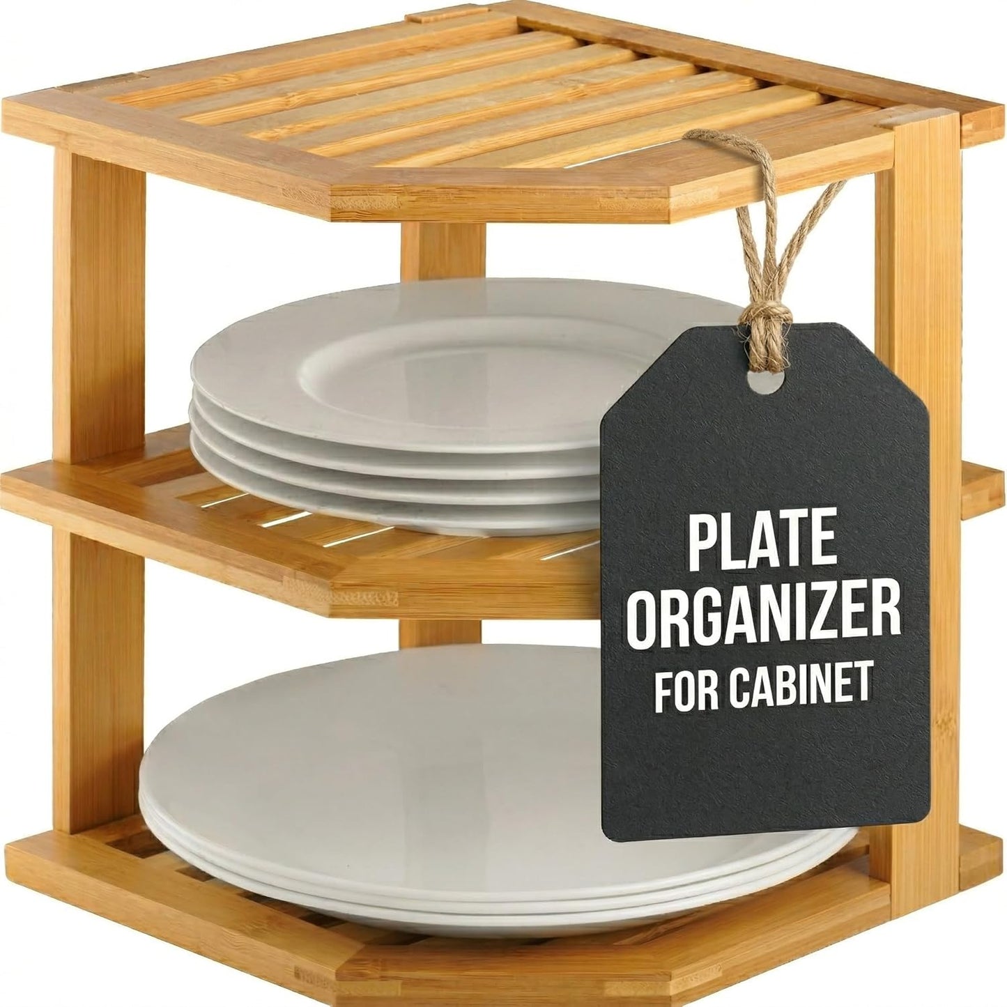 Plate Organizer for Cabinet - 3 Tier Bamboo Corner Shelf Cabinet Organizer for Plates, Bowls
