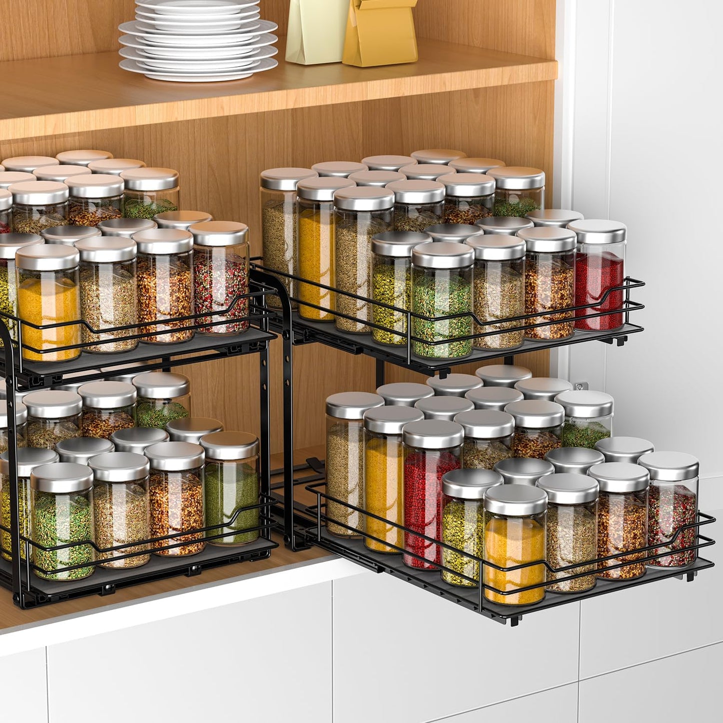 Spice Rack Organizer for Cabinet, 2 Tier Pull Out Spice Racks for Inside Cabinets & Pantry