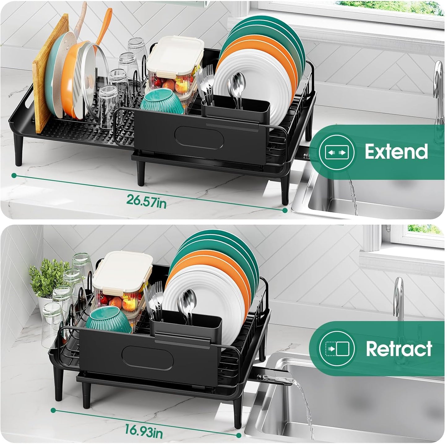 Large Extendable Dish Drying Rack, 16.93" to 26.57" Expandable Dish Rack for Kithen Counter