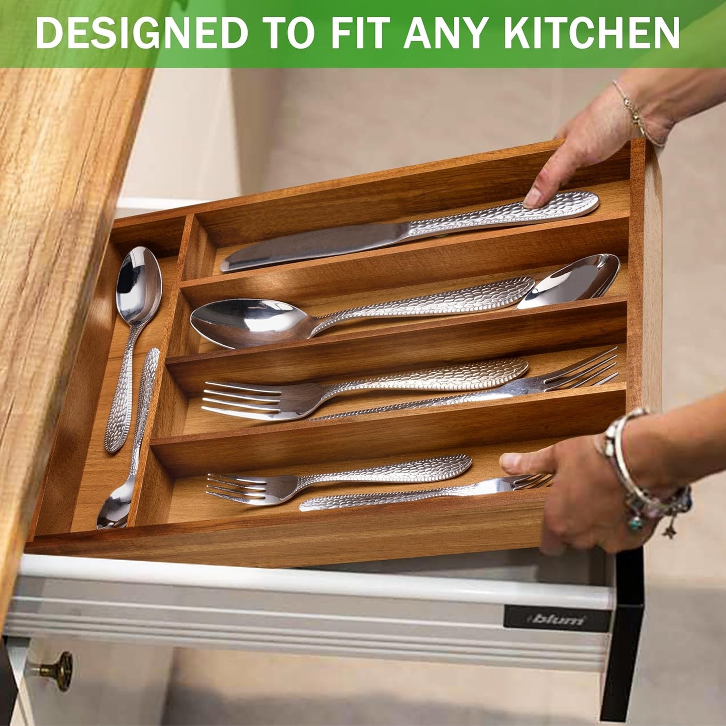 Acacia Wood Silverware Organizer 10 In Utensil Organizer Silverware Tray for Drawer Cutlery Flatware Organizer for Kitchen