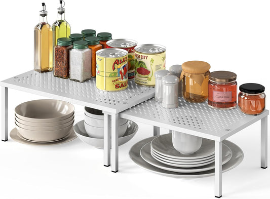 Expandable Stackable Kitchen Counter Shelf Organizer, White, Metal Top, 11.25"L x 7.9"W x 5.4"H