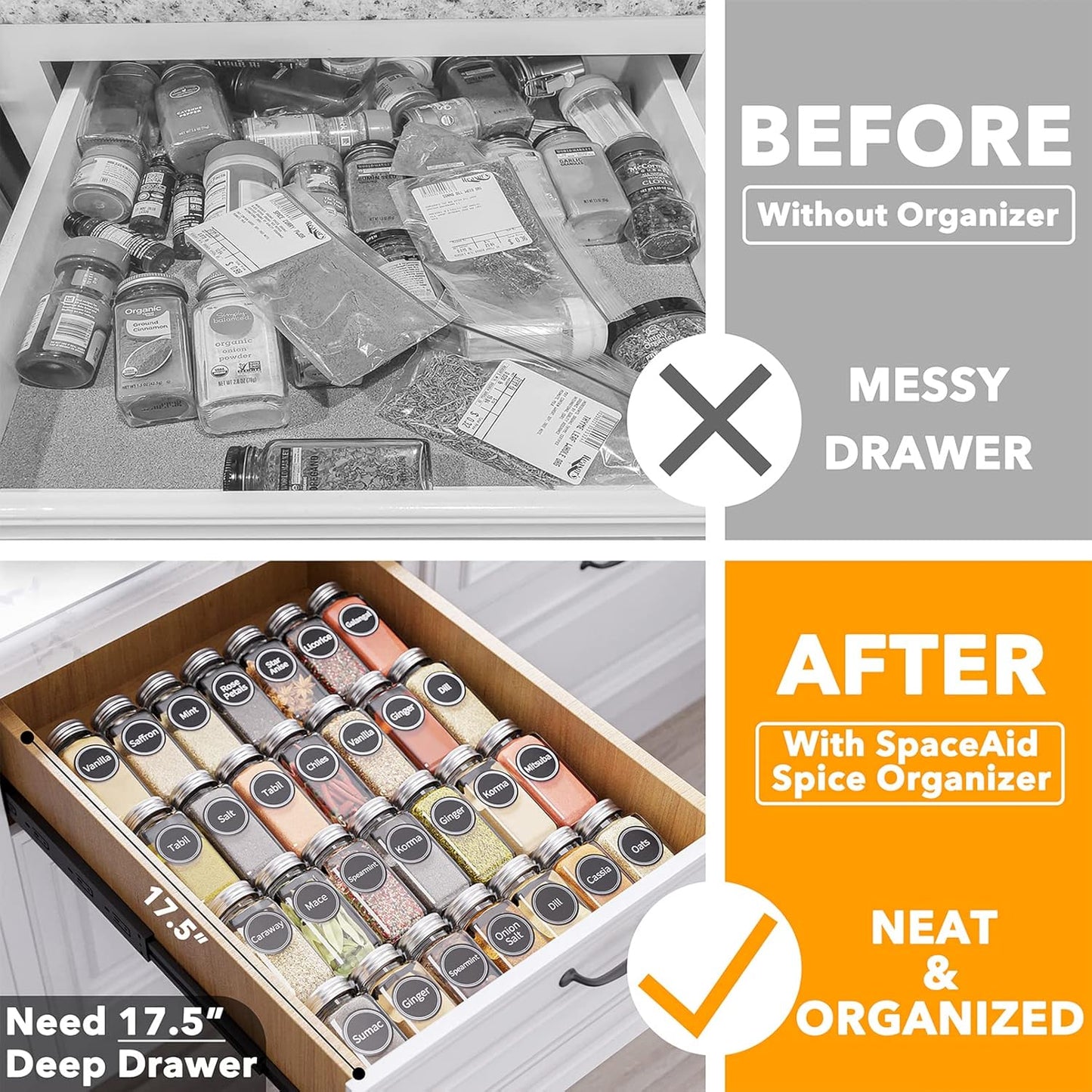Spice Drawer Organizer with 28 Spice Jars, 386 Spice Labels