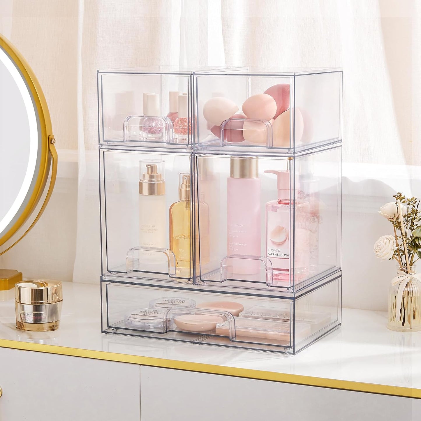 Stackable Storage Drawers Set of 4, Clear Plastic Organizer Bins for Bathroom Supplies,Ideal for Cabinet,Pantry,Laundry Room Organization