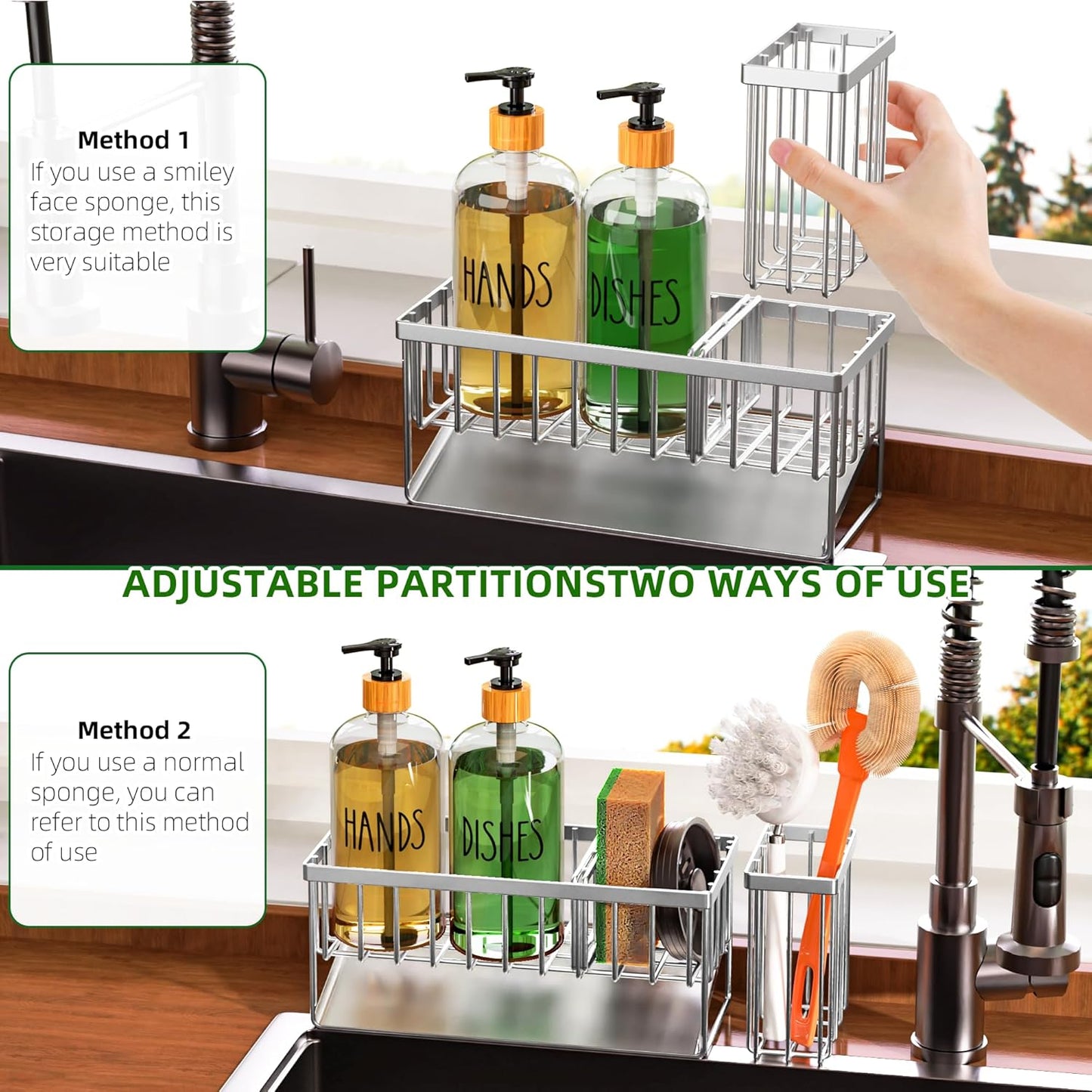 Kitchen Dish Soap Dispenser Set Stainless Steel Sponge Holder and 2 Pack 16.9oz Clear Glass