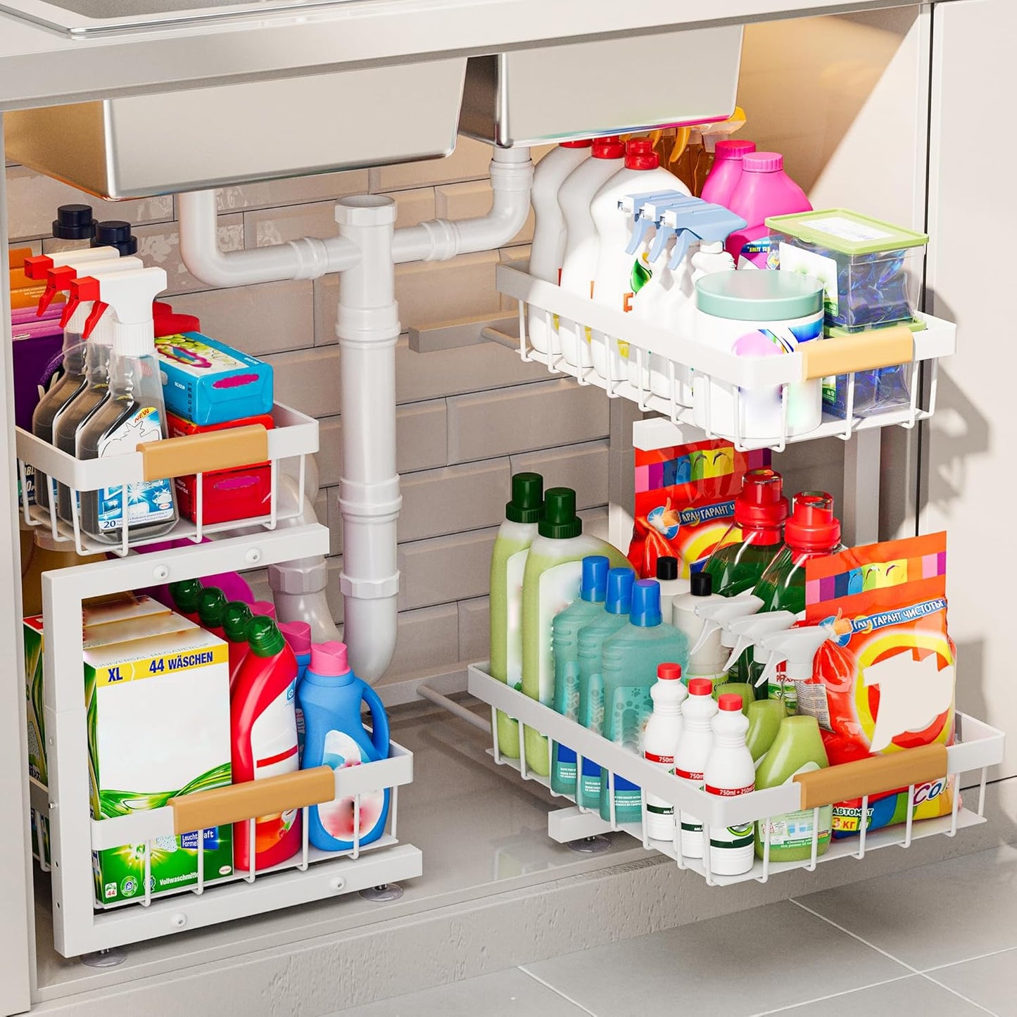 2 Pack Under Sink Organizers and Storage, Height Adjustable 2-Tier Pull Out Cabinet Organizer