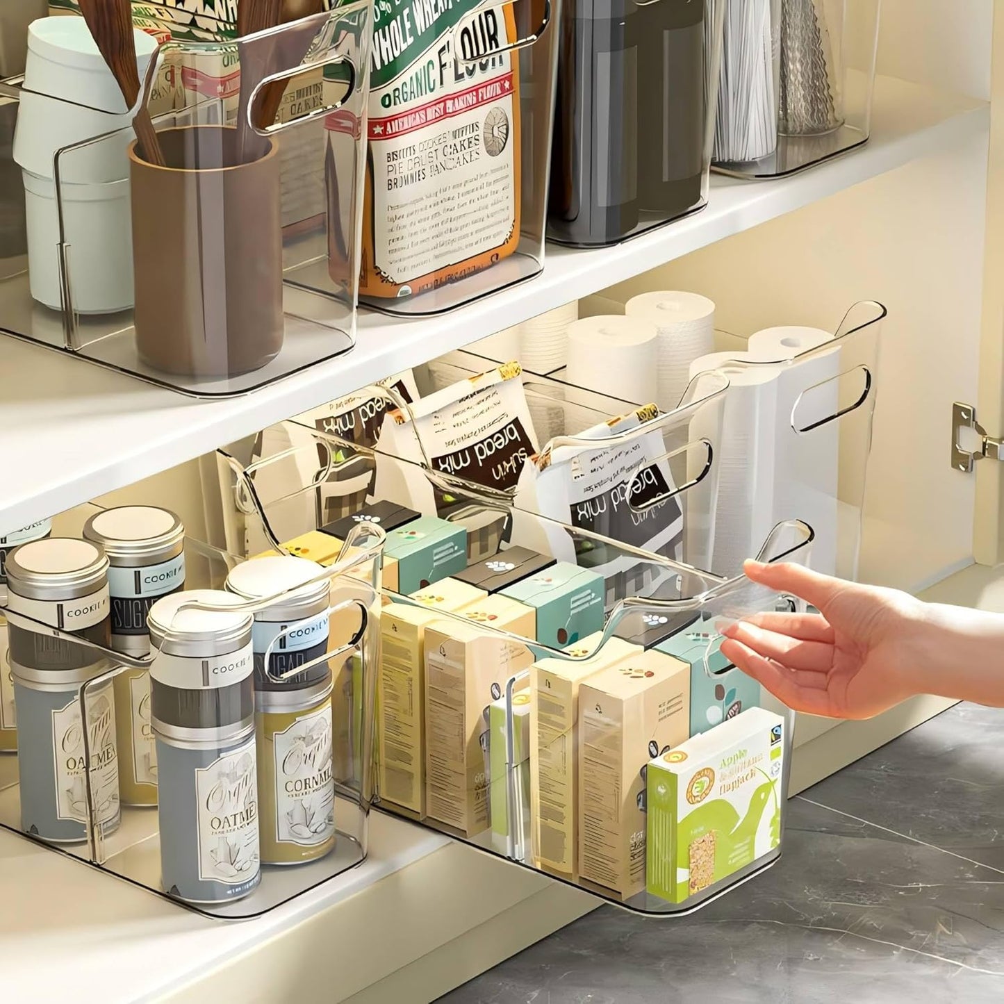 Tall Narrow Clear Bins with Dividers, Plastic Containers for Organizing Kitchens and Bathrooms