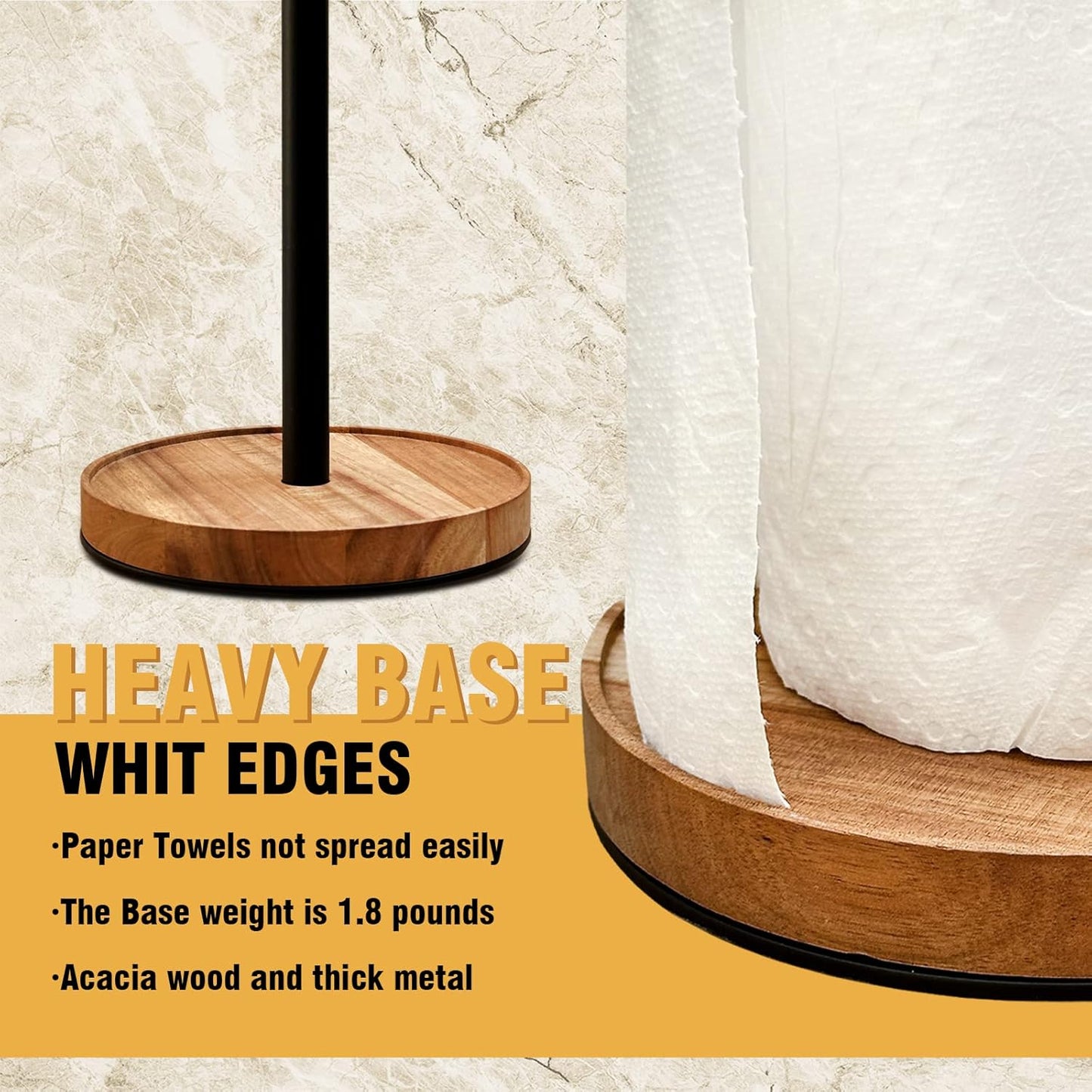 Paper Towel Holder Countertop, Solid Acacia Wood with Thick Metal Base