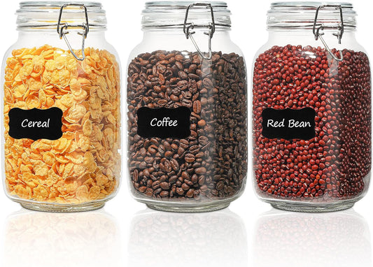 Set of 3 Square Glass Jars with Airtight Lids (51 Oz), Wire Clamp Canisters for Pickling